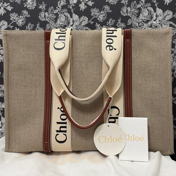 AUTHENTIC Brand New w/Dust Bag CHLOE Large Woody Linen Canvas Tote Bag $1650 - Picture 1 of 12